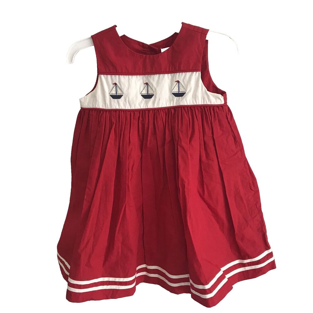 Janie and Jack Baby Girls Dress 12-18M Red Embroidered Nautical Summer